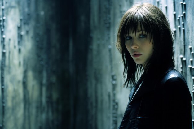 A woman with long hair standing in front of a wall