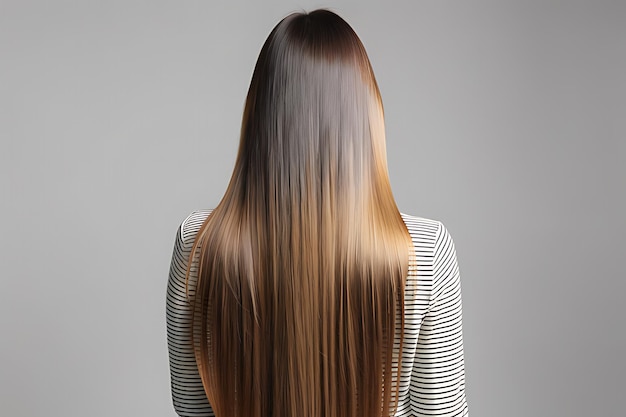 Woman with Long Hair Standing on Grey Background