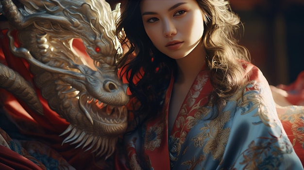 Фото Женщина с длинными волосами стоит рядом с драконом