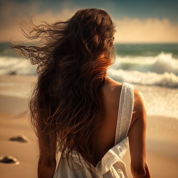 A woman with long hair stands on the beach looking at the ocean generative Ai