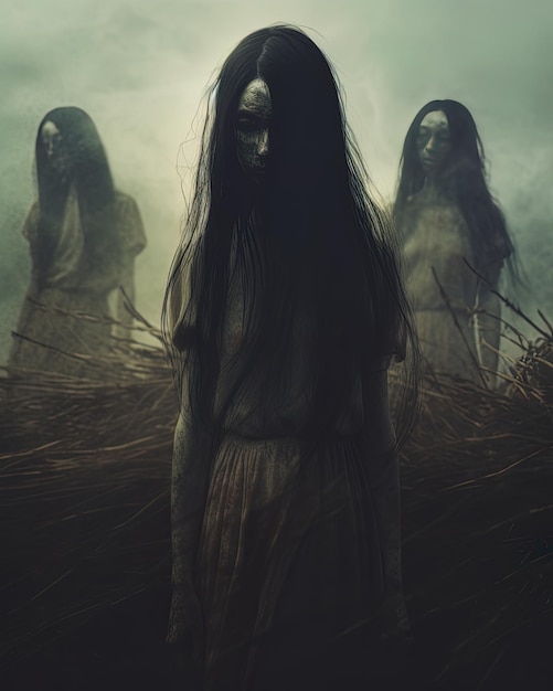 a woman with long hair stands in a field of dead grass