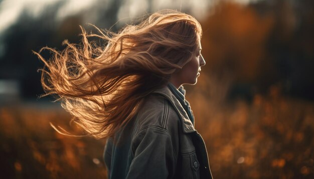 長い髪の女性が太陽の光を顔に受けながら野原に立っています。