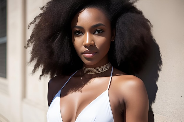 A woman with long hair stands in front of a beige backdrop.