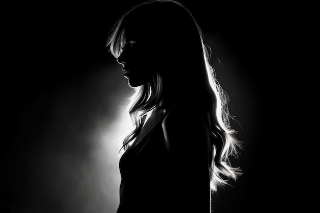 A woman with long hair stands in front of a black background