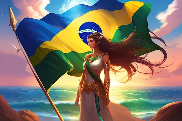 a woman with long hair stands in front of a flag