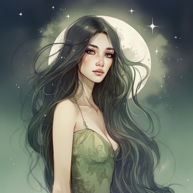 A woman with long hair stands in front of a moon.