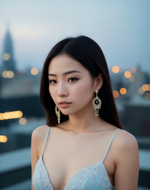 A woman with long hair stands on a rooftop with a city in the background.