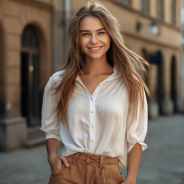 A woman with long hair stands on a sidewalk in front of a building.