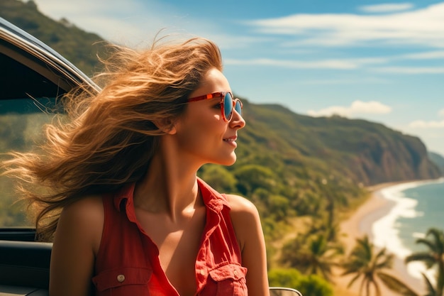 Photo woman with long hair and sunglasses on boat looking out at the ocean generative ai