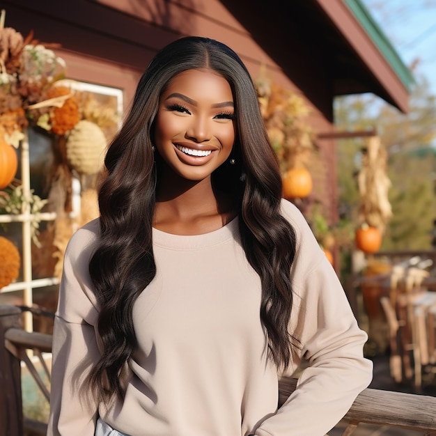 a woman with long hair and a sweater that says " she's a beauty ".