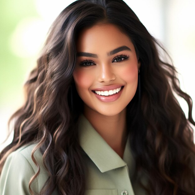 A woman with long hair and a tan shirt with a green background