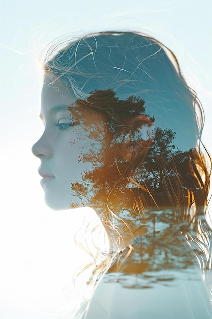 a woman with long hair and a tree in the background