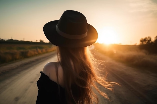 A woman with long hair wearing a black hat walks down a country road.