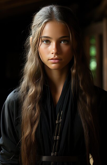Photo a woman with long hair wearing a black scarf with a cross on it