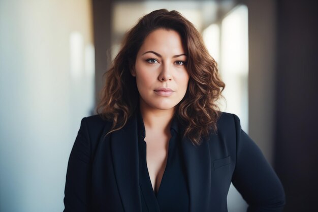 Photo woman with long hair wearing black suit and posing for picture generative ai