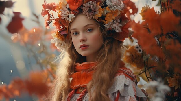 Foto donna con i capelli lunghi che indossa una corona di fiori