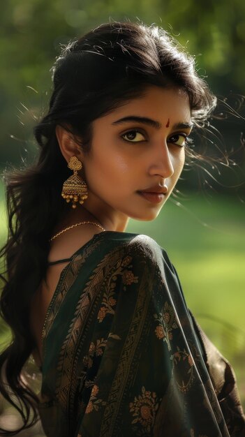 Woman With Long Hair Wearing Green Sari