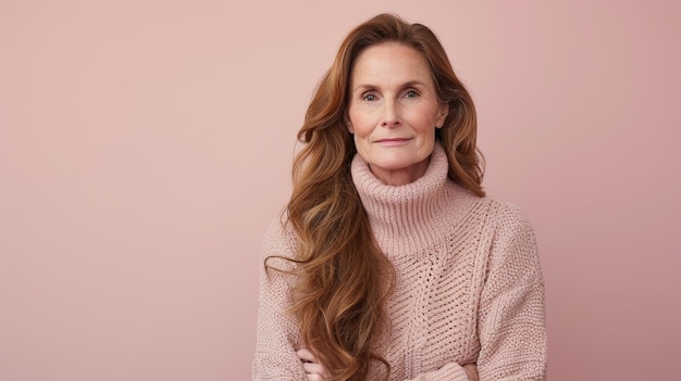 A woman with long hair wearing a pink sweater