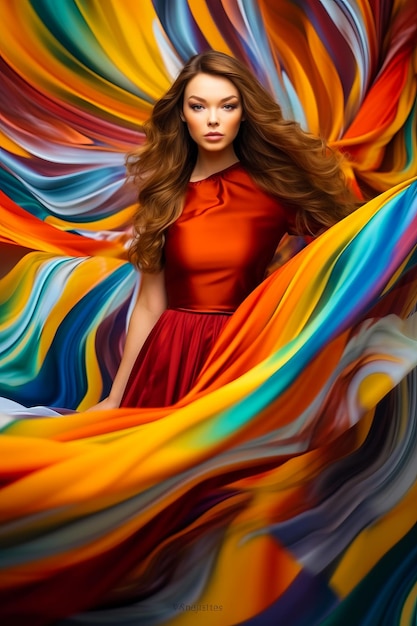 Woman with long hair wearing red dress and colorful shawl Generative AI