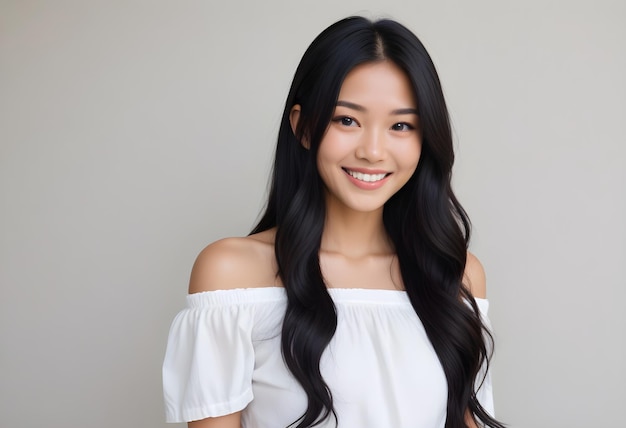 a woman with long hair wearing a white top