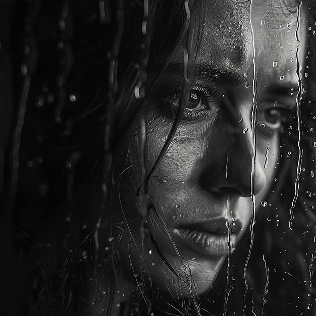 Photo a woman with long hair and a wet face is looking out of a window