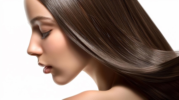 a woman with long hair and a white background