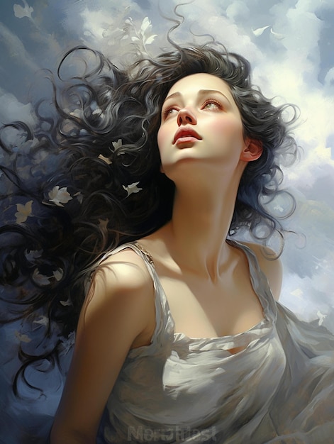 A woman with long hair and a white dress is standing in front of a cloudy sky.