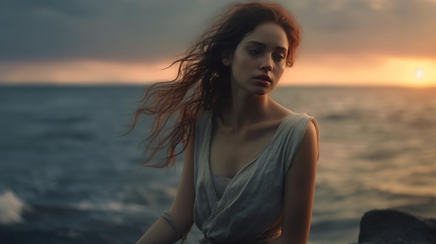 A woman with long hair and a white dress sits on a beach with a sunset in the background.