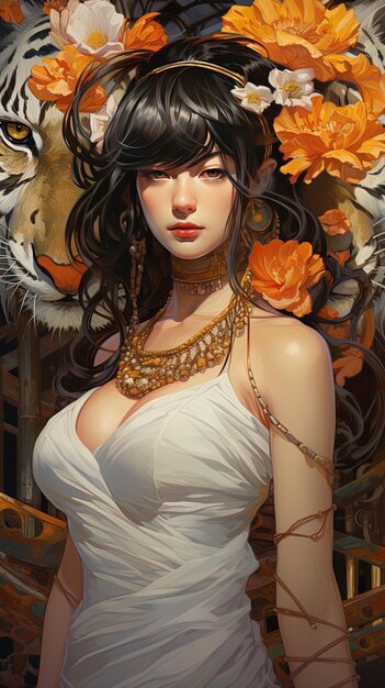 a woman with long hair and a white dress with a gold necklace