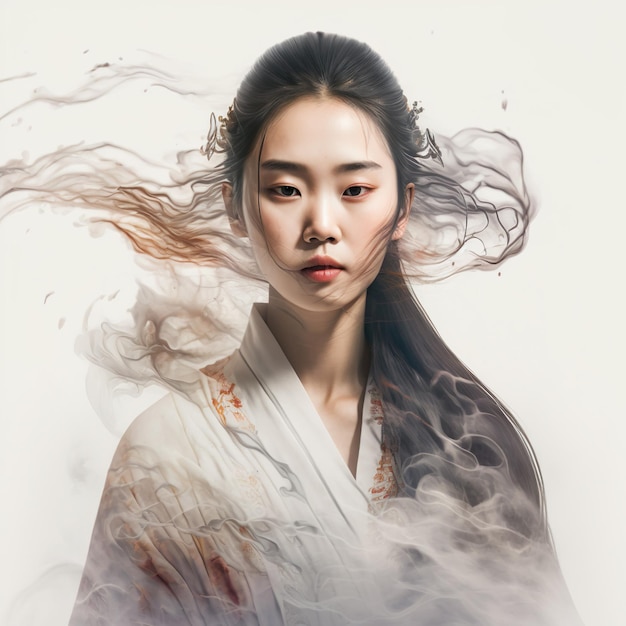 A woman with long hair and a white hanfu is shown with smoke coming out of her face