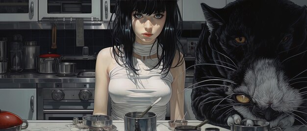 Photo a woman with long hair and a white shirt is sitting in front of a black cat