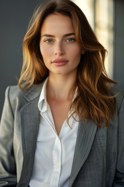 a woman with long hair and a white shirt is standing in front of a wall