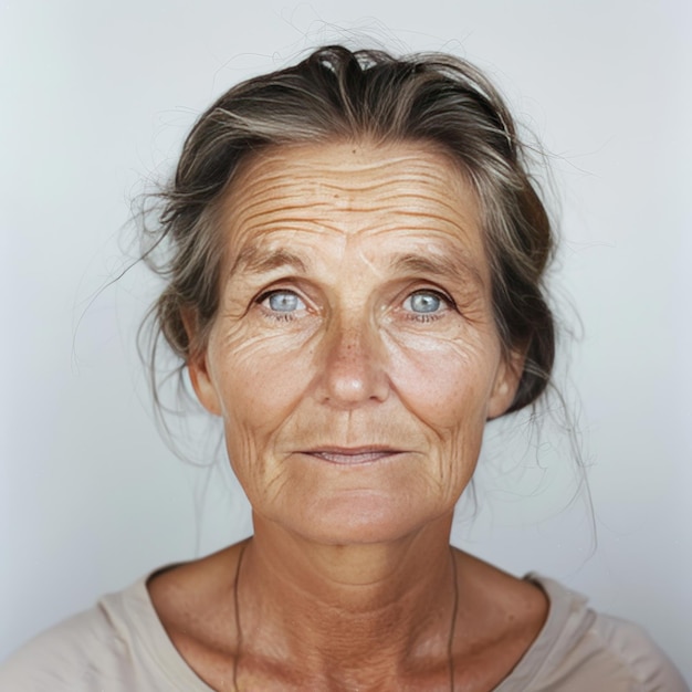 Foto una donna con i capelli lunghi e una camicia bianca che dice naturale