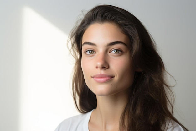 a woman with long hair and a white shirt