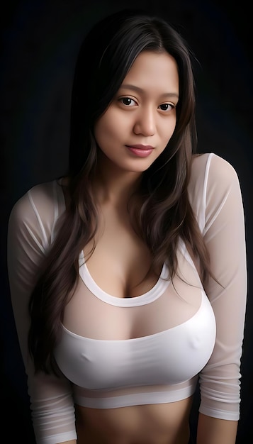 Photo a woman with long hair and a white top has a white bra underneath her neck