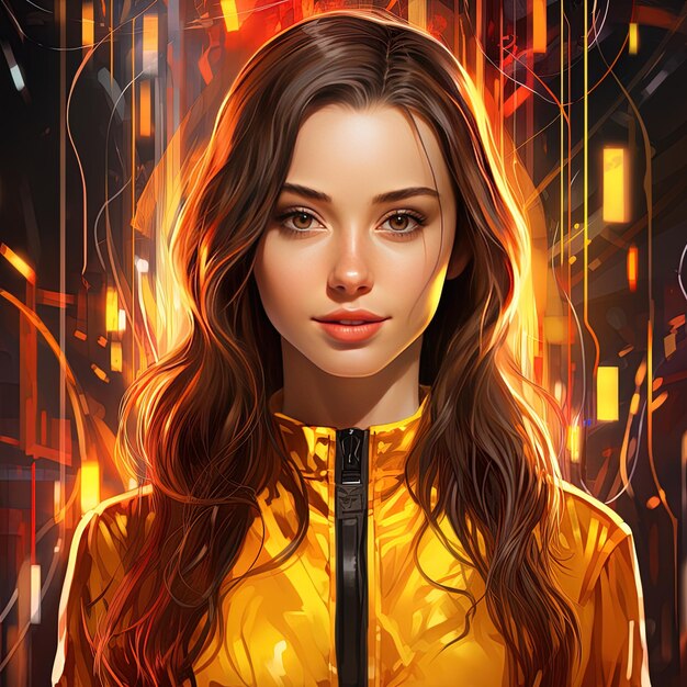 Photo a woman with long hair and a yellow jacket is standing in front of a fire