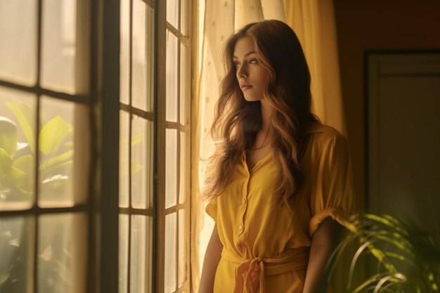 Женщина с длинными волосами и желтой рубашкой