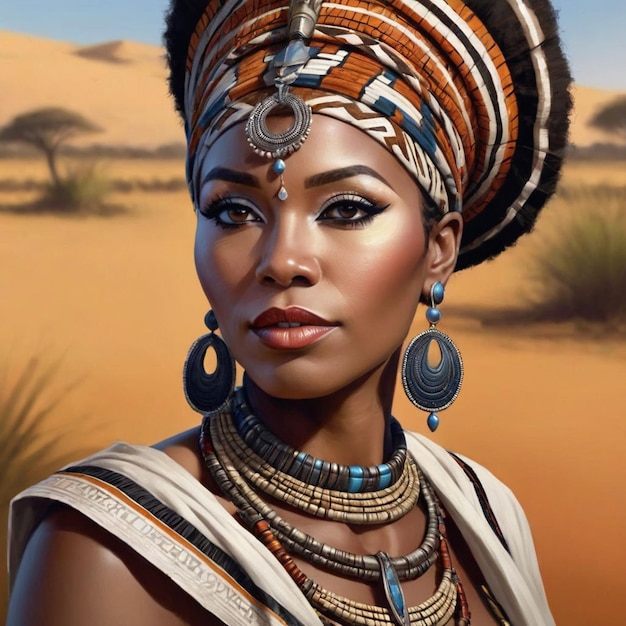 a woman with a long necklace on her head