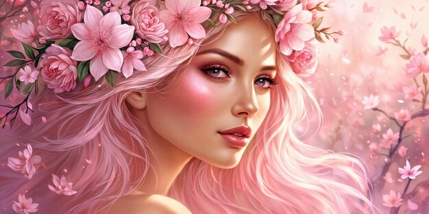 A woman with long pink hair adorned with flowers set against a backdrop of pink blossoms