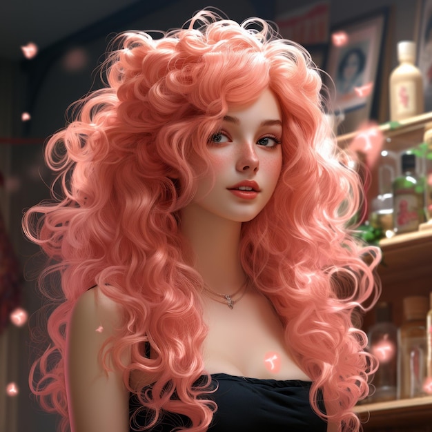 a woman with long pink hair standing in front of a bar