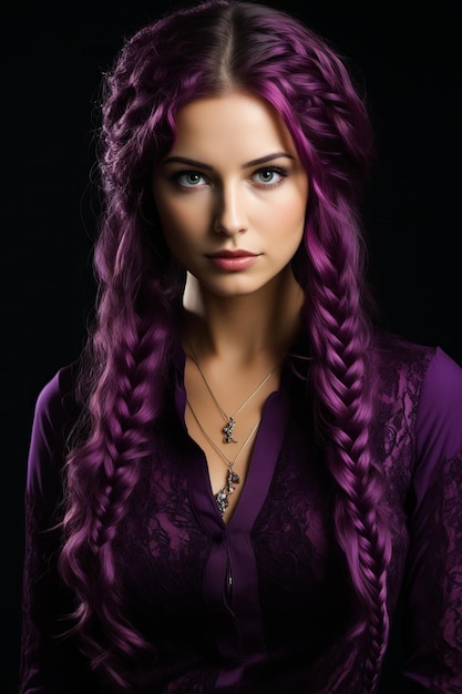 Woman with long purple hair and necklace on her neck Generative AI