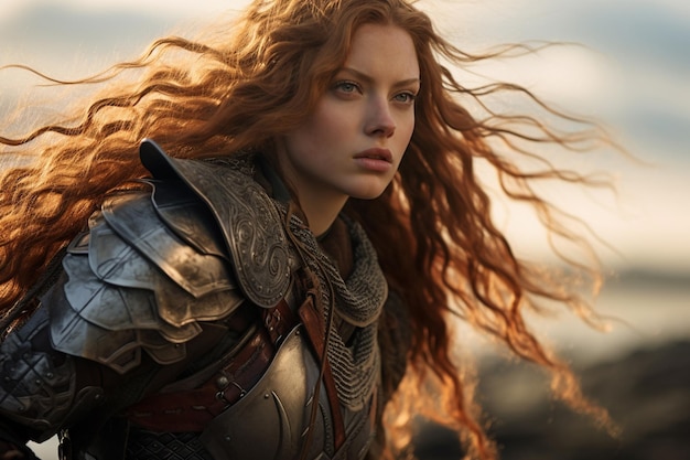 Photo a woman with long red hair in armor on a battlefield