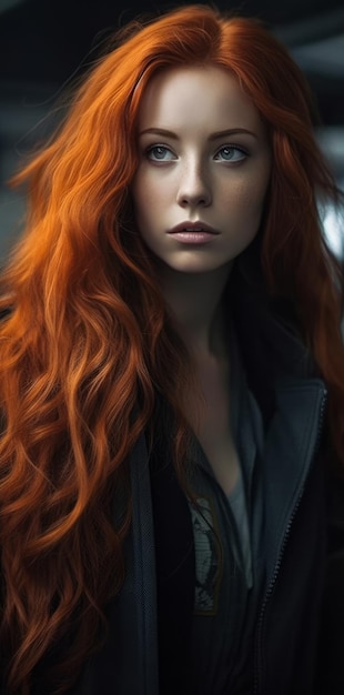 A woman with long red hair and a black jacket.