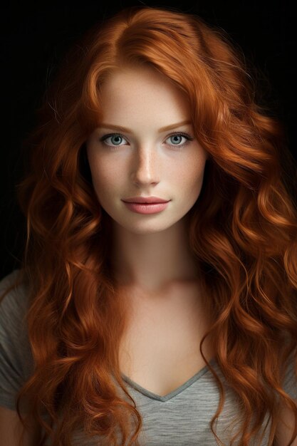 A woman with long red hair and blue eyes