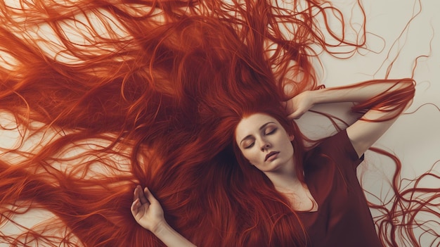 woman with long red hair and closed eyes generated by ai