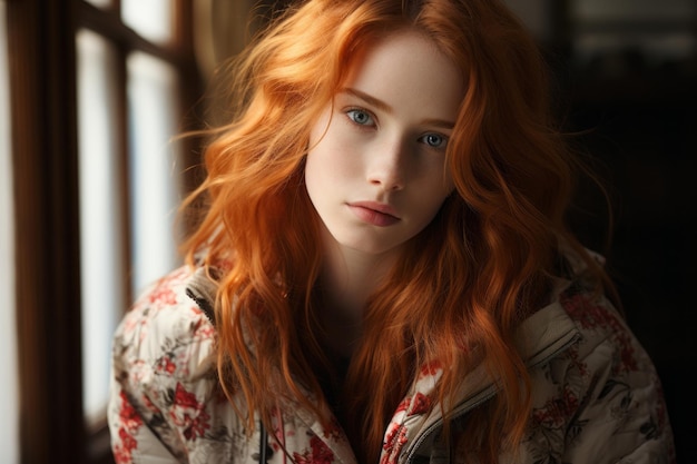 a woman with long red hair and a floral jacket