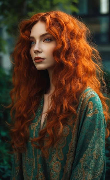 A woman with long red hair and a green dress