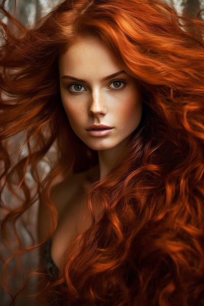 Premium AI Image | A woman with long red hair and a green eye