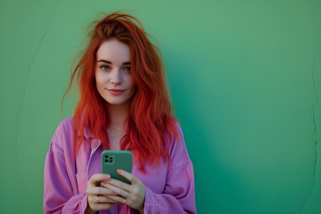 a woman with long red hair holding a cell phone