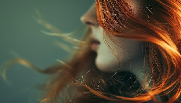 A woman with long red hair is looking at the camera